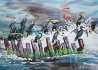 Cormorants on the waves